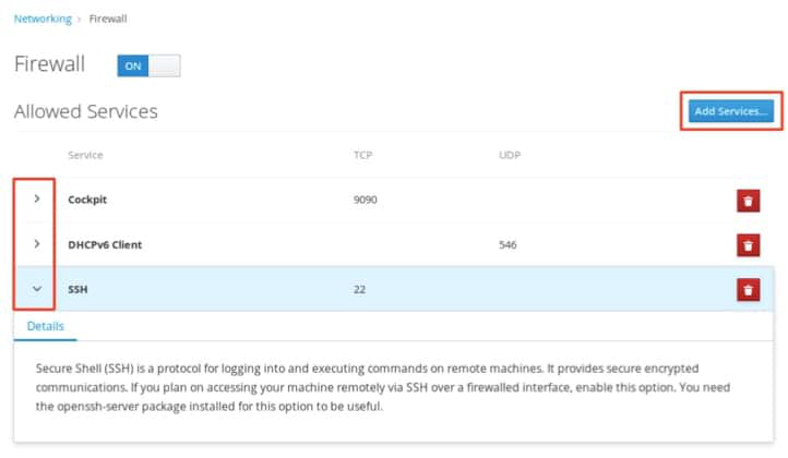 The Web Console firewall allowed services list